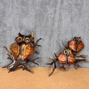 Vintage Brutalist Metal Owl Wall Art Set Copper Brass Mid Century Modern Decor